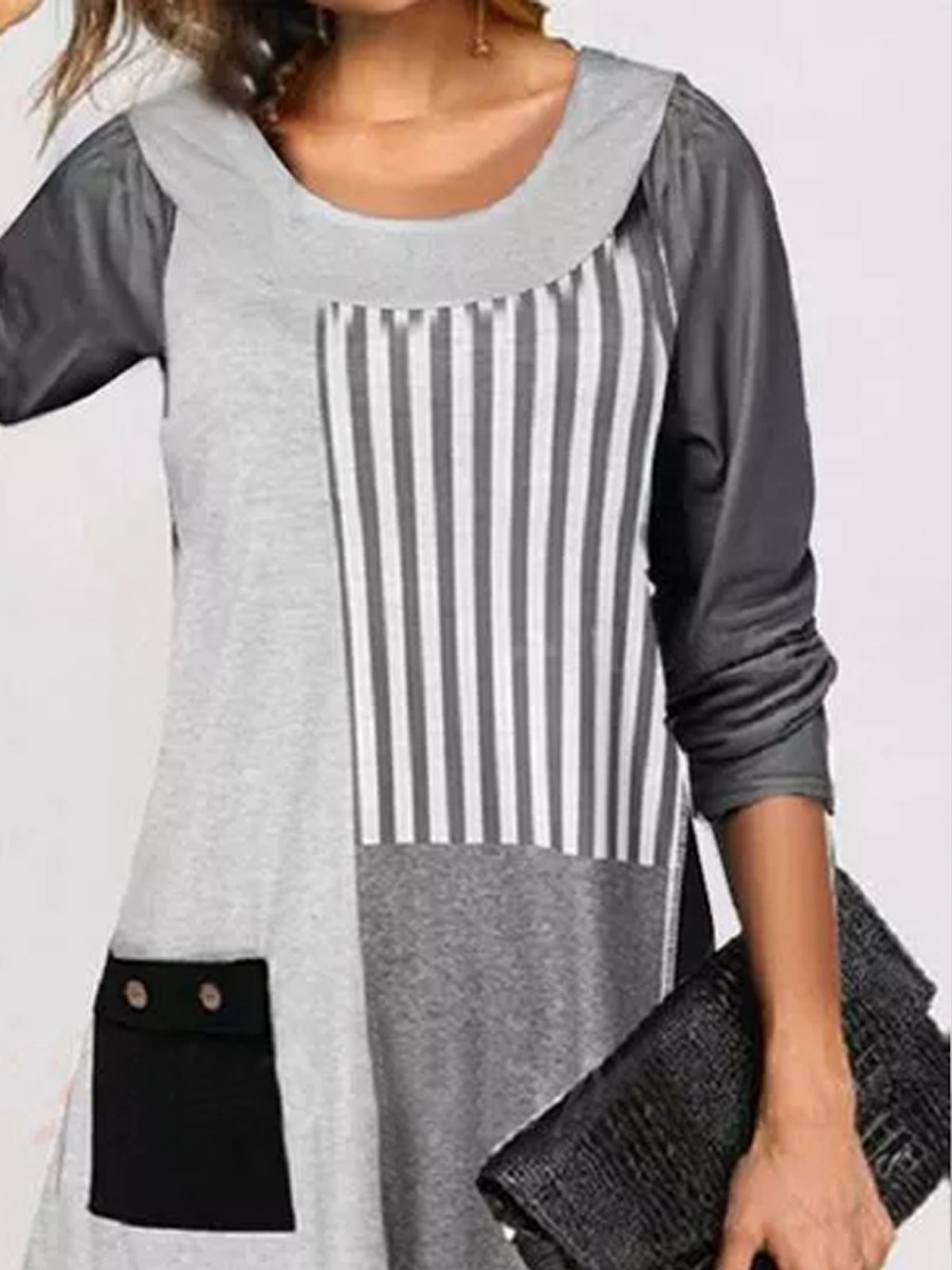 Crew Neck Long Sleeve Patchwork Casual Dress