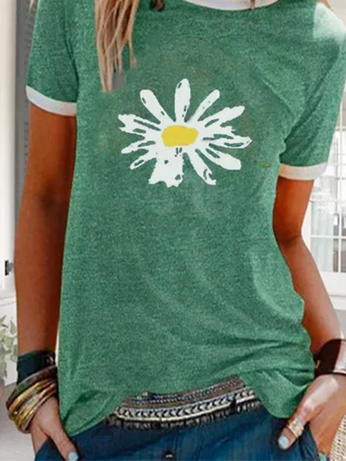 Summer Casual Floral DaisyPrinted Short Sleeve Crew Neck T-shirt ...