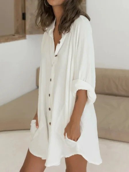 Women Shirt Dress Long Sleeve Plain Button Shirt Collar Basic Daily Casual Loose White Linen Dress Mini Dress 