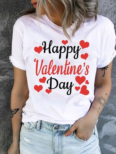 Valentine's Day Simple Cotton Blends Letter T-shirt | roselinlin