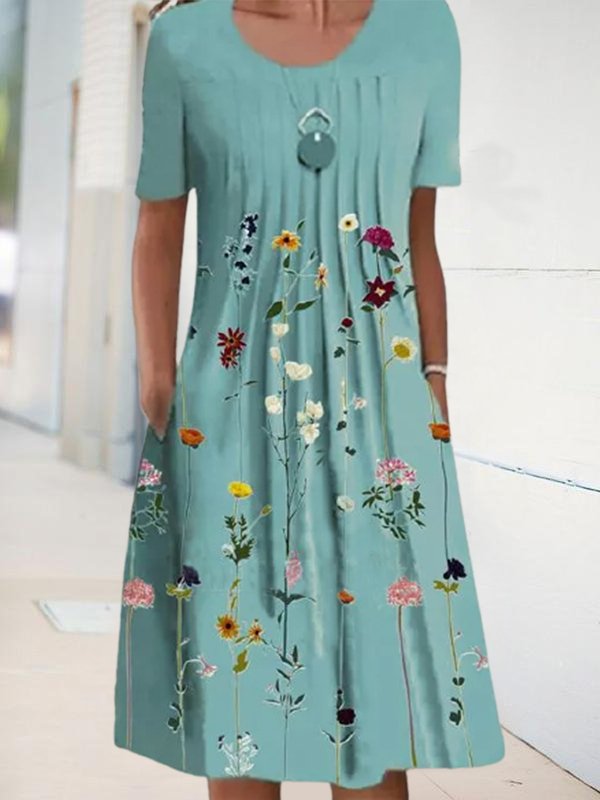 Floral Tunic Round Neckline Midi A-line Dress | roselinlin