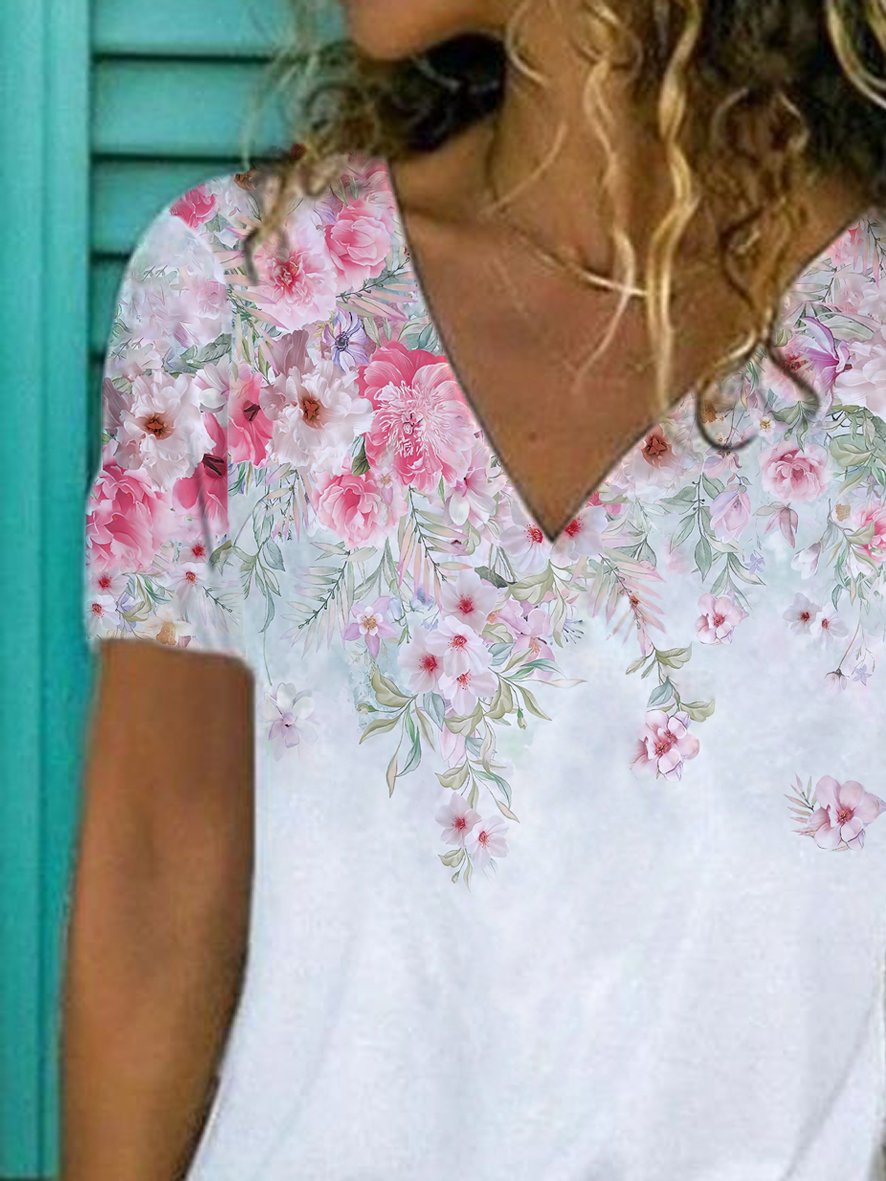 Cotton-Blend Casual V Neck Short Sleeve T-shirt
