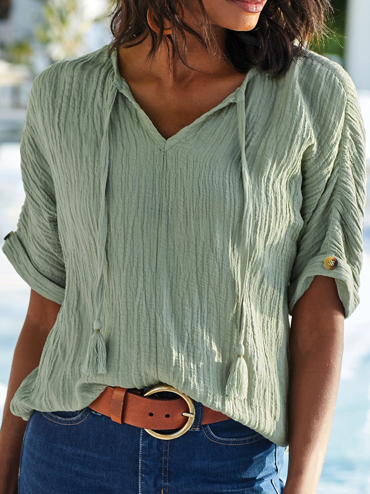 Solid Casual V Neck Short Sleeve Top