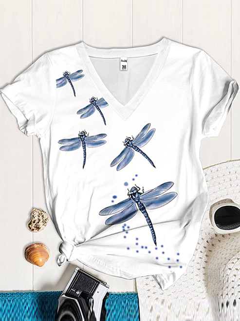 Women Dragonfly Printed Short Sleeve V-Neck T-Shirt