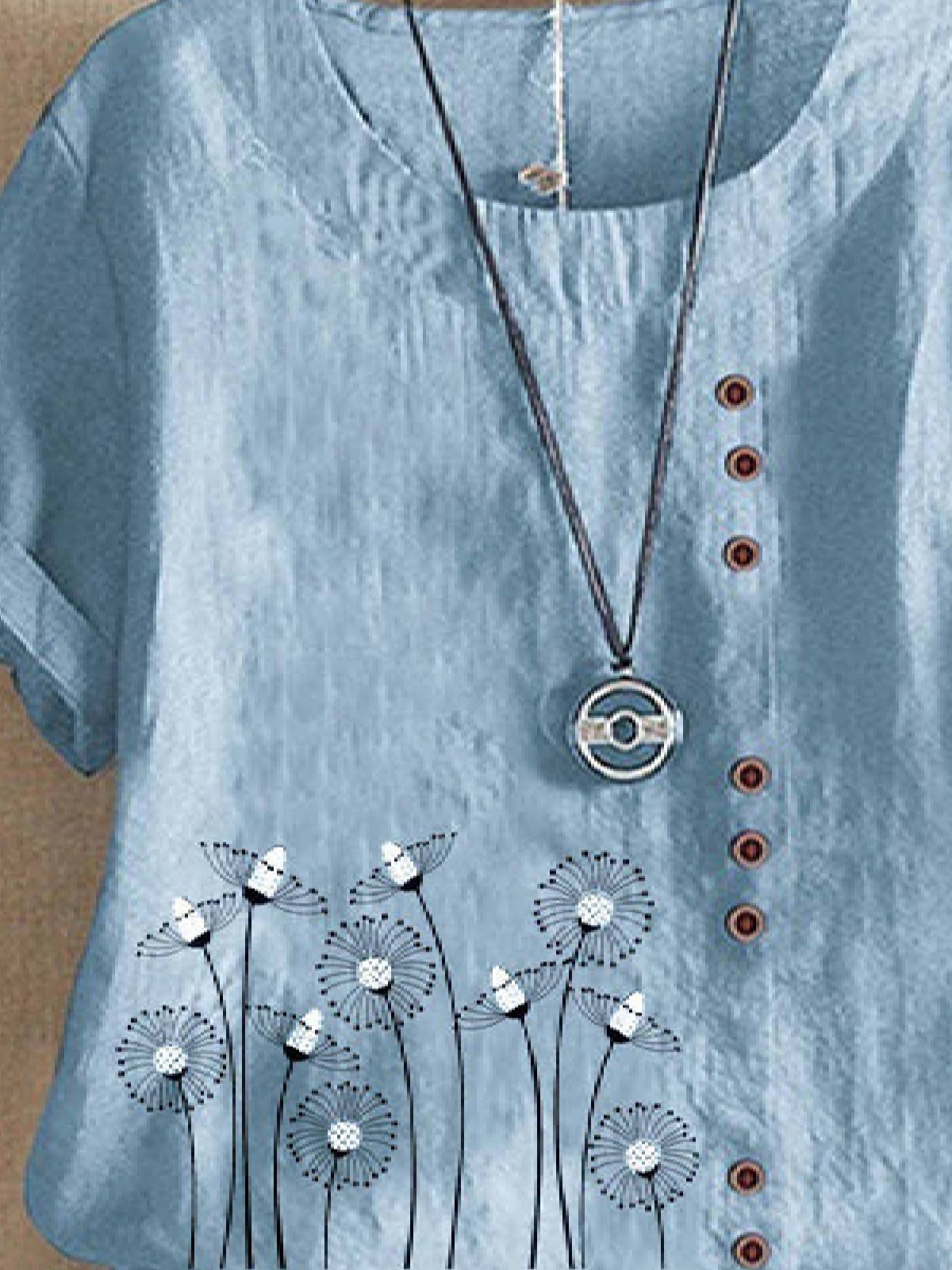 Women Casual Button Floral Crew Neck Loose Cotton Linen Short Sleeve Blouse