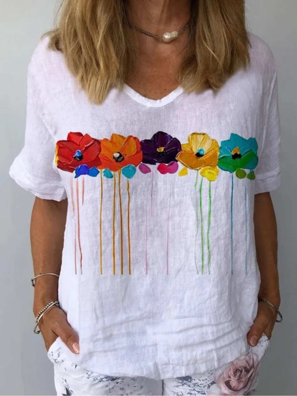 Women Casual Loose V Neck Floral Short Sleeve Summer T-shirt