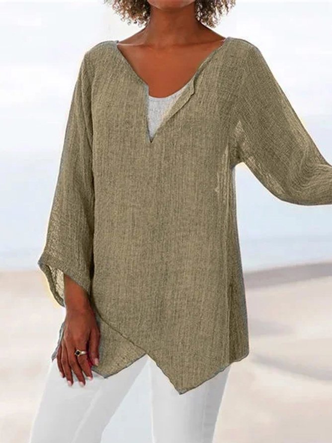 Women's Shirt Blouse Linen Plain Casual Asymmetric Long Sleeve Daily Basic V Neck Regular Fit Fall & Winter