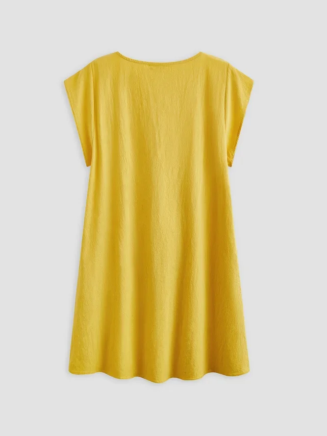 Yellow Cap Sleeve Cotton Linen Shift Dress