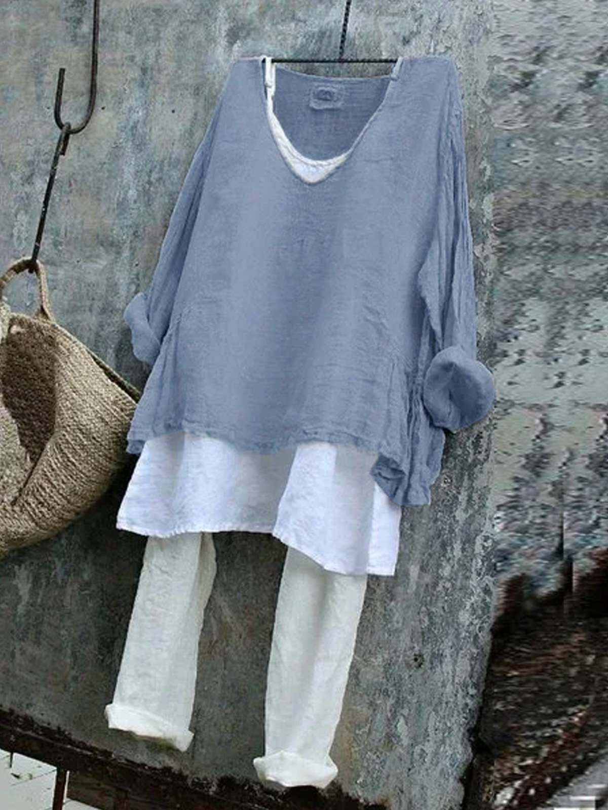Women's Shirt Blouse Linen Cotton Plain V Neck Long Sleeve Blouse