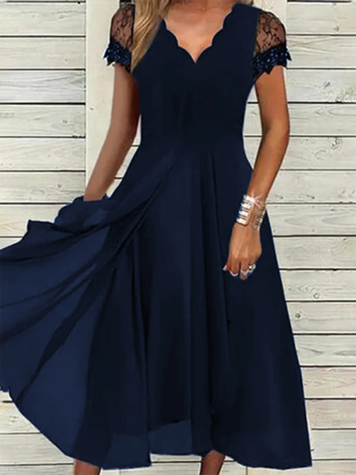 Women Elegant V Neck Plain Loose Short Sleeve Dress