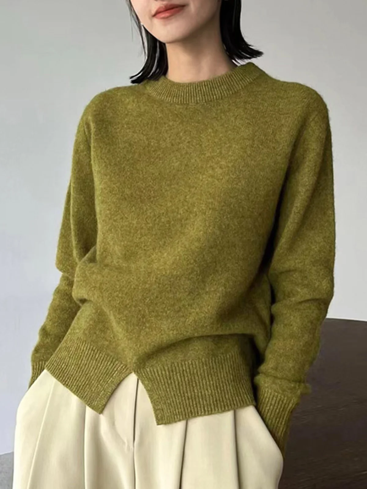 Green Daily Long sleeve Plain Simple Regular Fit Sweater