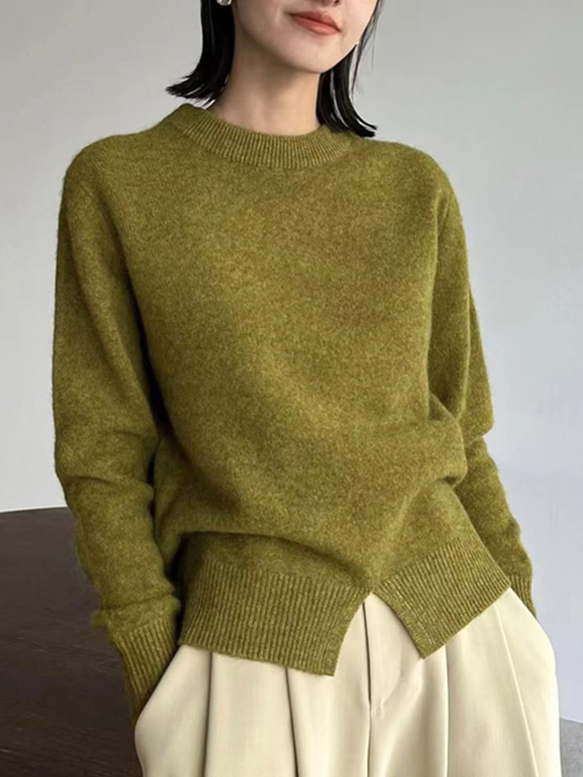 Green Daily Long sleeve Plain Simple Regular Fit Sweater