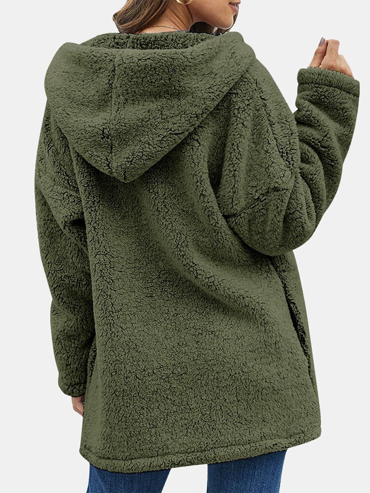 Plain Long Sleeve Hoodie Pockets Casual Plush Coat