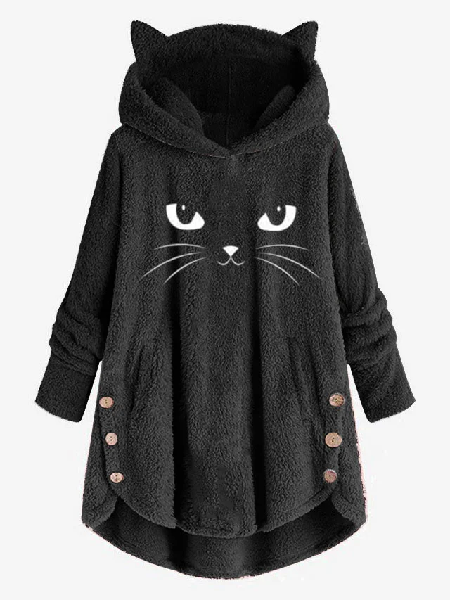 Women Long Sleeve Scratching Cute Cat Embroidered Hoodie Plush With ...