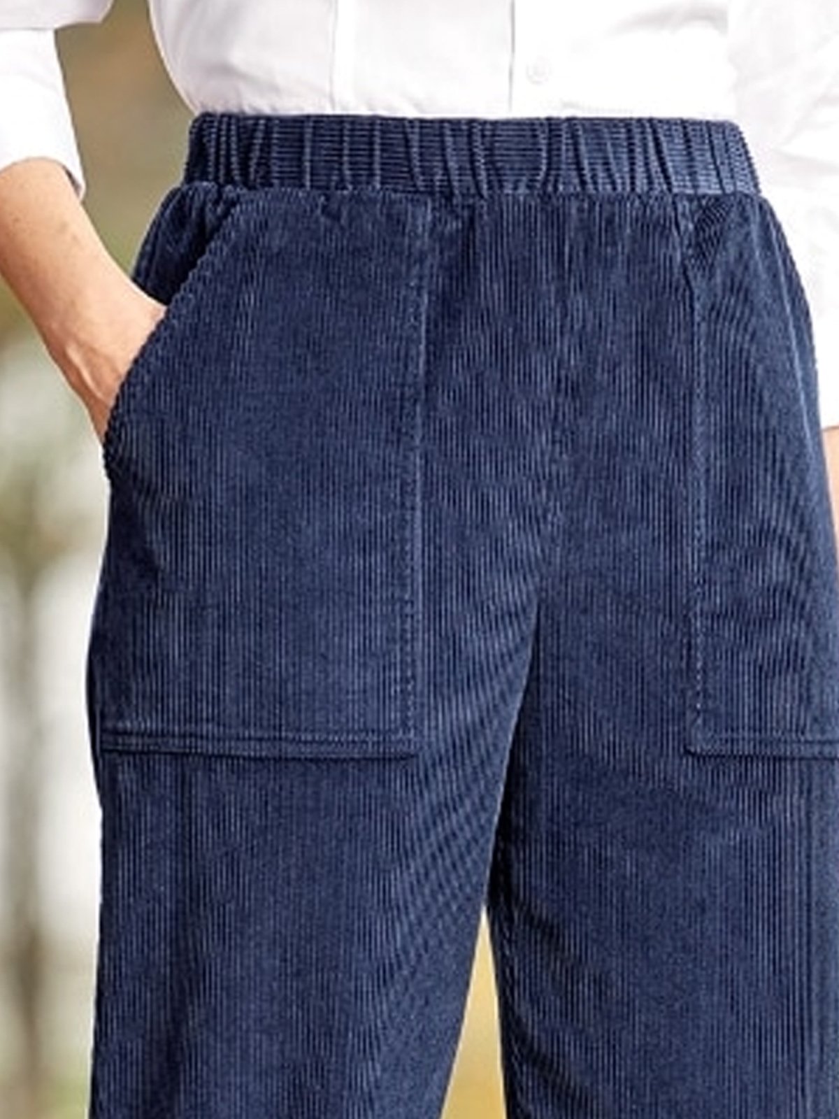 Women Autumn Winter Casual Plain Pockets Elastic Waist Corduroy Pants