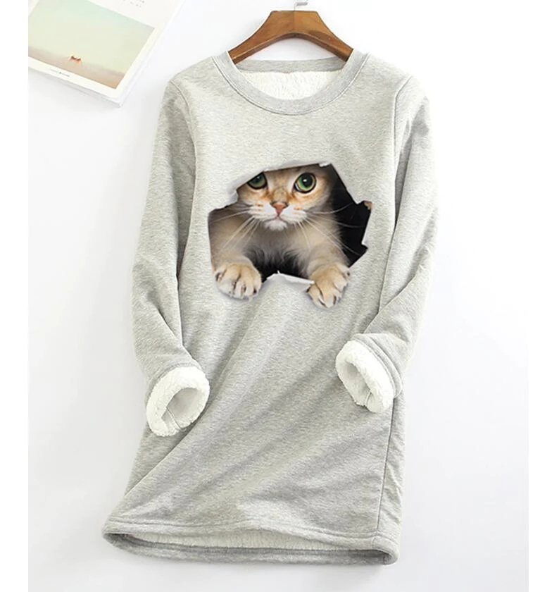 Women Casual Crew Neck 3D Cat Winter Warm Plush Lined Pullover ...