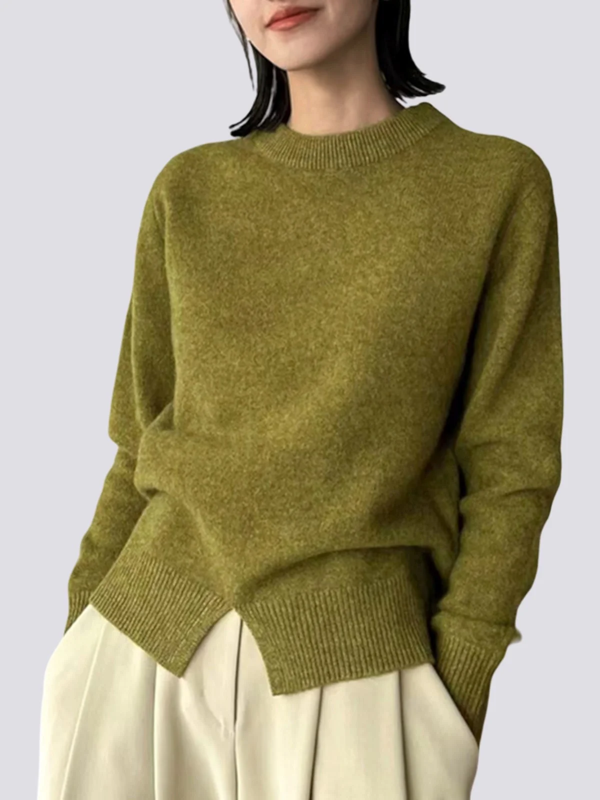 Green Daily Long sleeve Plain Simple Regular Fit Sweater