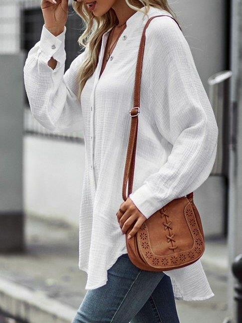 Casual White Relaxed Notch Neck Button-Up Plain Blouse