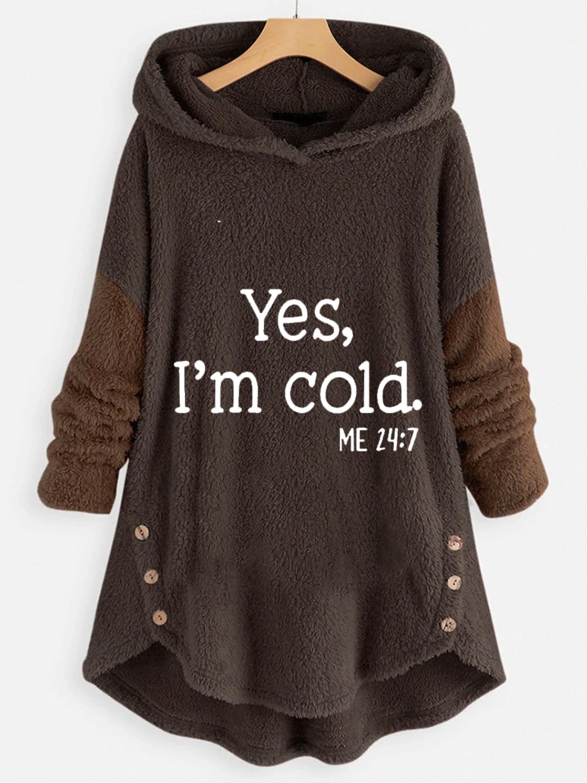 Women Yes I'm Cold Text Printed Plush Casual Long Sleeve Hoodie Buttoned Hooded Sweatshirt