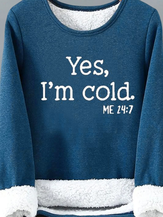 Women Yes I am Cold Text Letters Winter Warm Plush Lined Pullover Hooded Sweatshirt