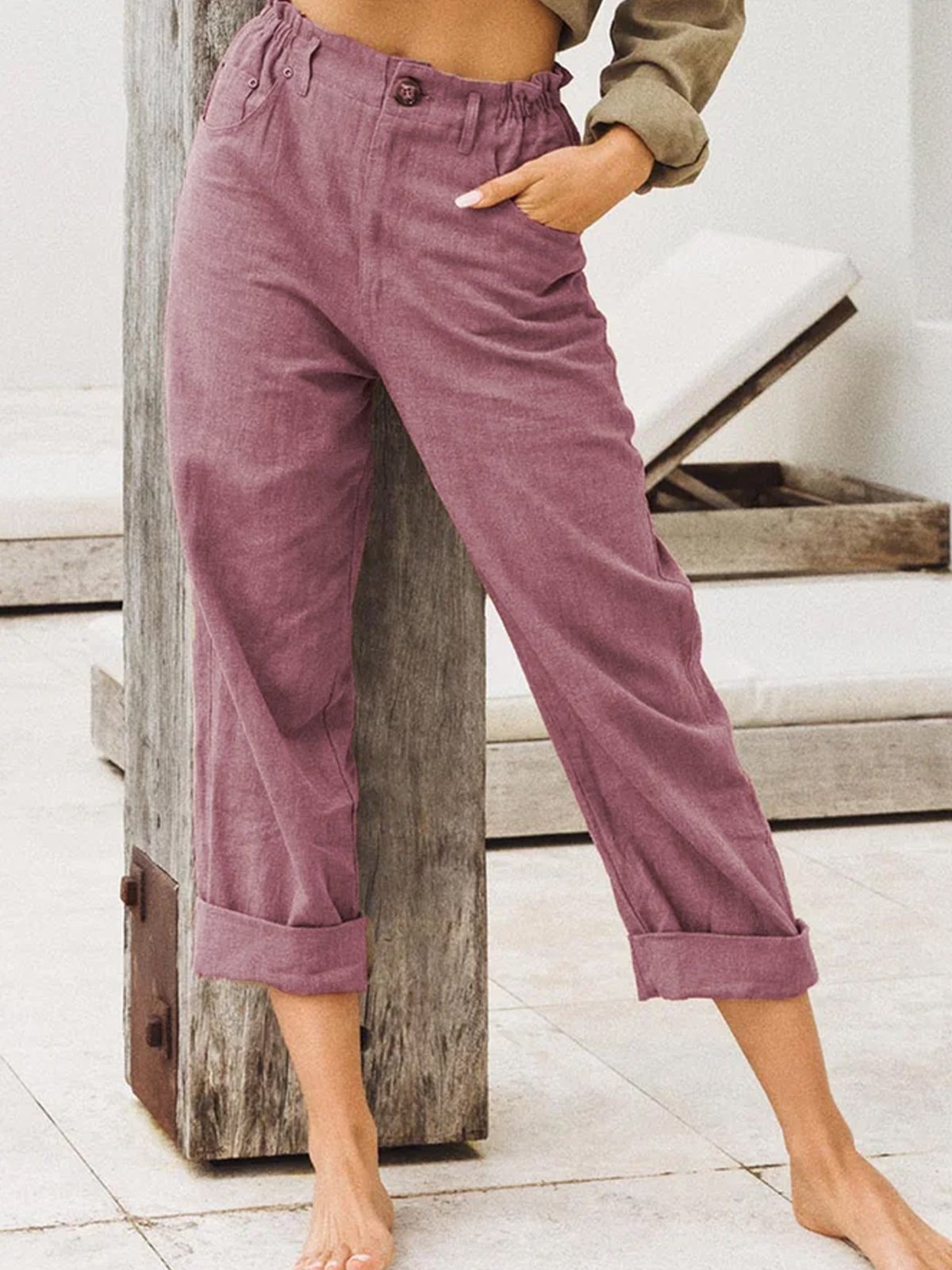 Casual Plain Linen Pants High Waisted Button Up Straight Trousers with Pockets