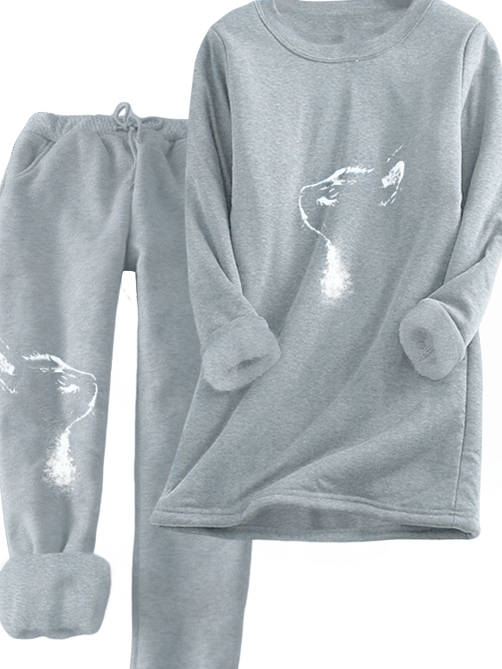 Casual Crew Neck Loose Cat Two-Piece Set