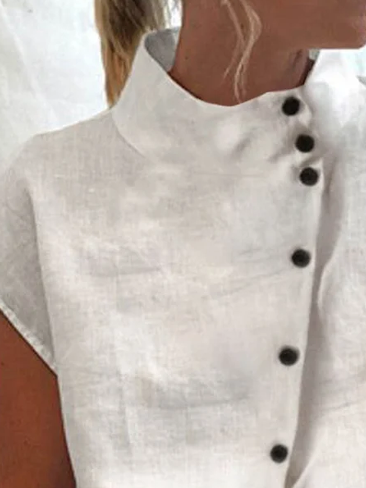 Women's Shirt Blouse Linen Cotton Turtleneck shirt Plain Casual Button Short Sleeve Elegant Fashion Basic Standing Collar Regular Fit Spring Summer