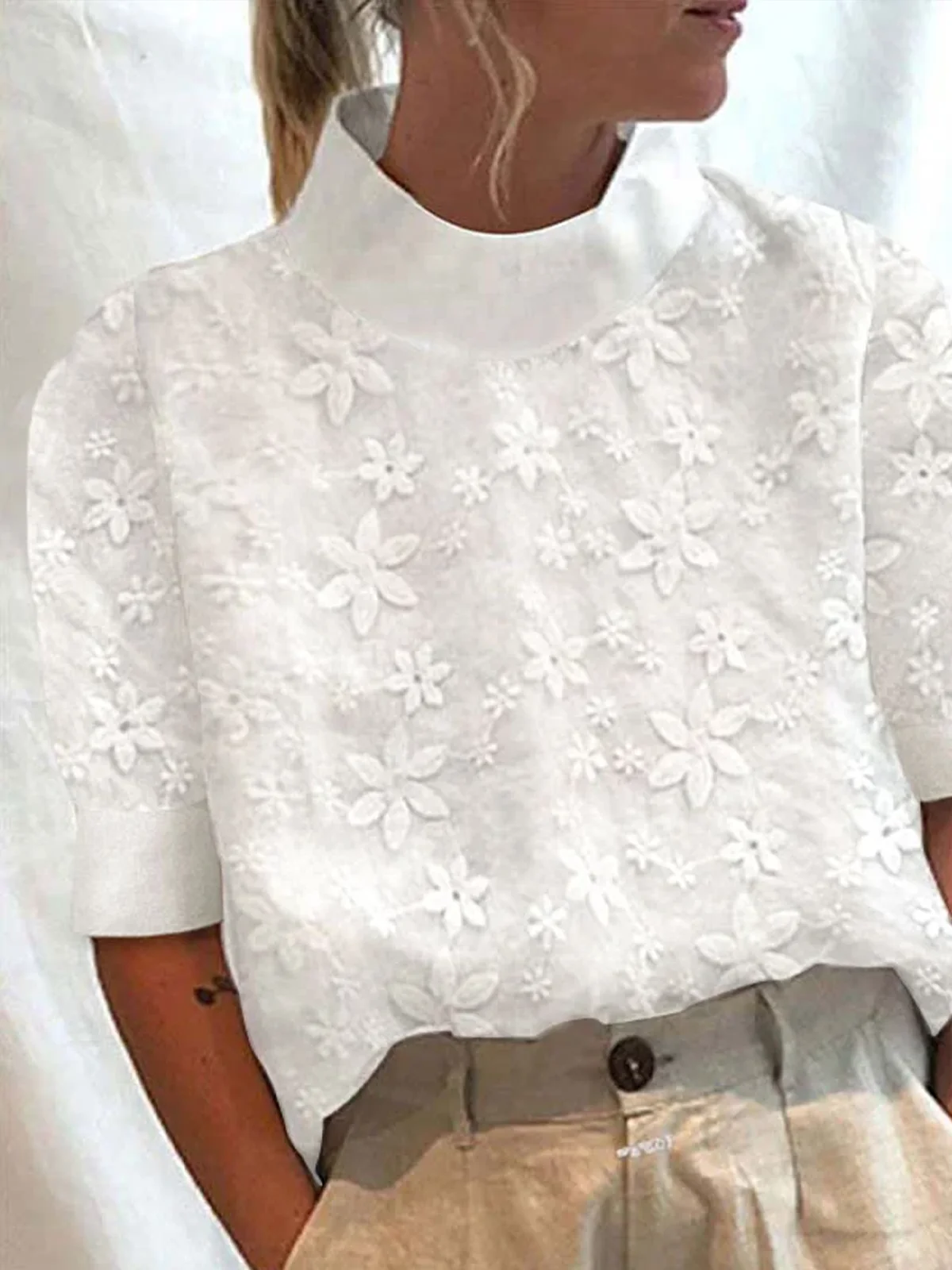 Women Elegant Floral Lace Turtleneck Plain Short Sleeve Cotton And ...