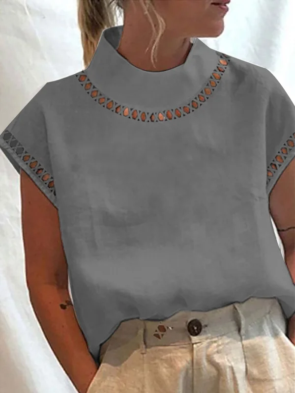Women's Shirt Blouse Hollow Out Lace Turtleneck Plain Short Sleeve Breathable Cotton And Linen Top