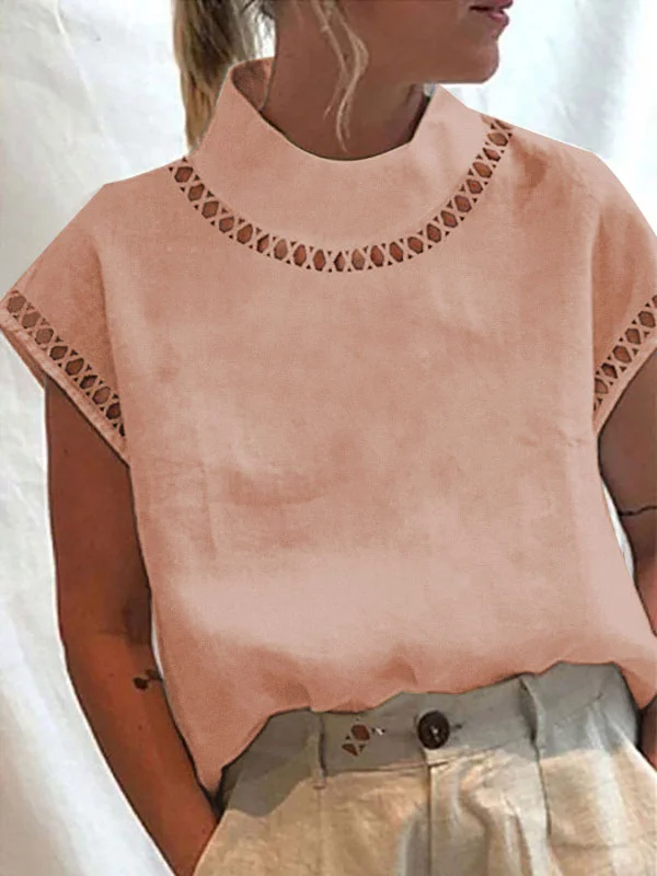 Women's Shirt Blouse Hollow Out Lace Turtleneck Plain Short Sleeve Breathable Cotton And Linen Top