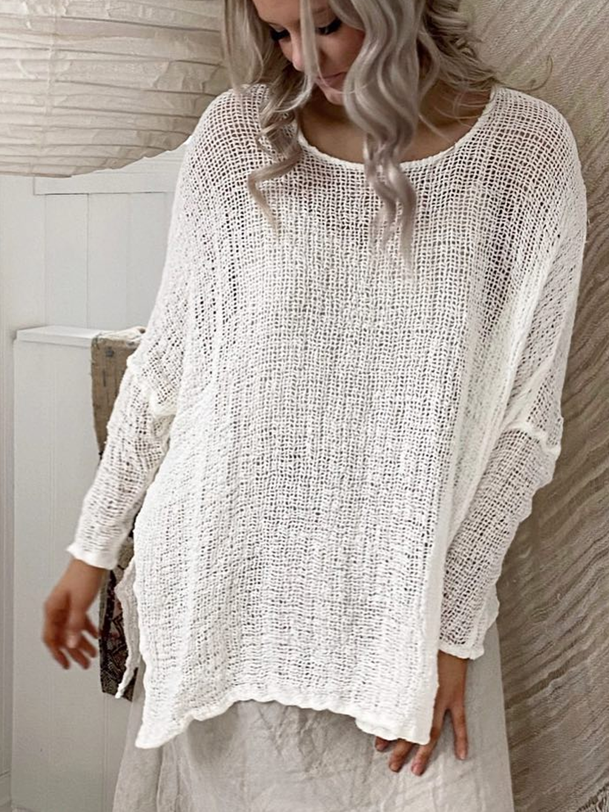 Women White Long Sleeve Lightweight breathable Cotton linen Tunic Top