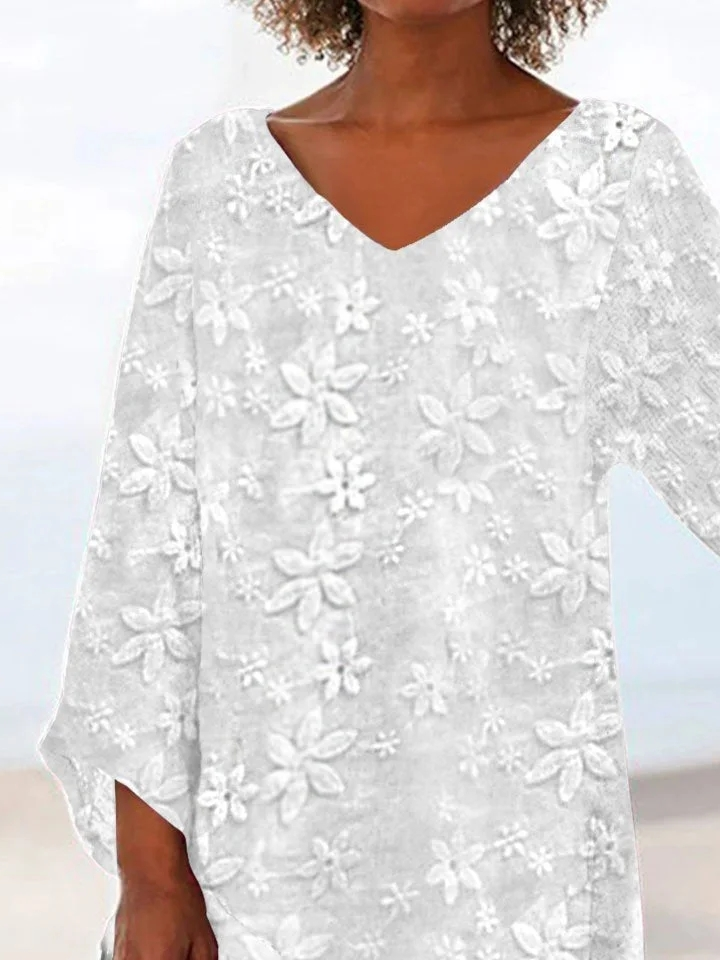 Women Elegant White Floral Lace V Neck Asymmetric Hem Long sleeve Tunic Top