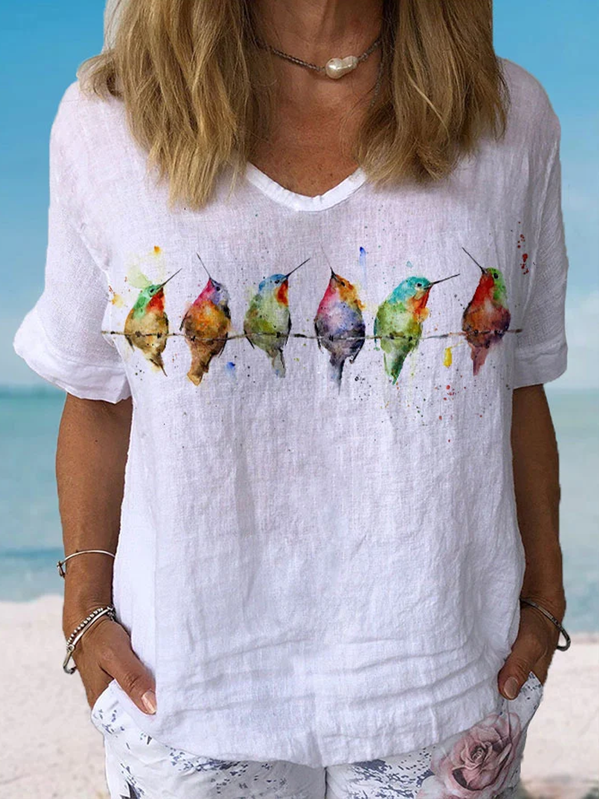Women Casual Bird Crew Neck Loose Short Sleeve Summer Linen T-shirt