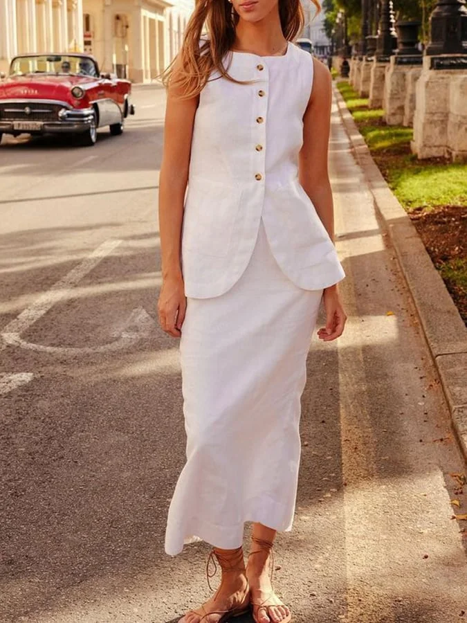 Summer Elegant Outfits Casual Plain Suits Buttoned Down Sleeveless Blouse and Skirt Two-Piece Sets