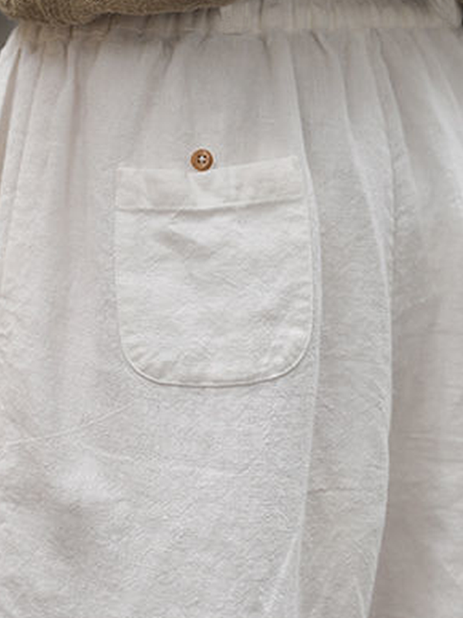Loose Casual Pockets Drawstring Waist Hollow Out Lace Plain Linen Pants
