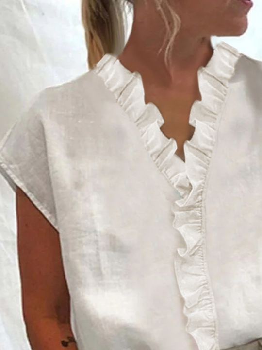 Women Elegant Ruffled Trim V Neck Cotton and Linen Summer Short Sleeve Blouse