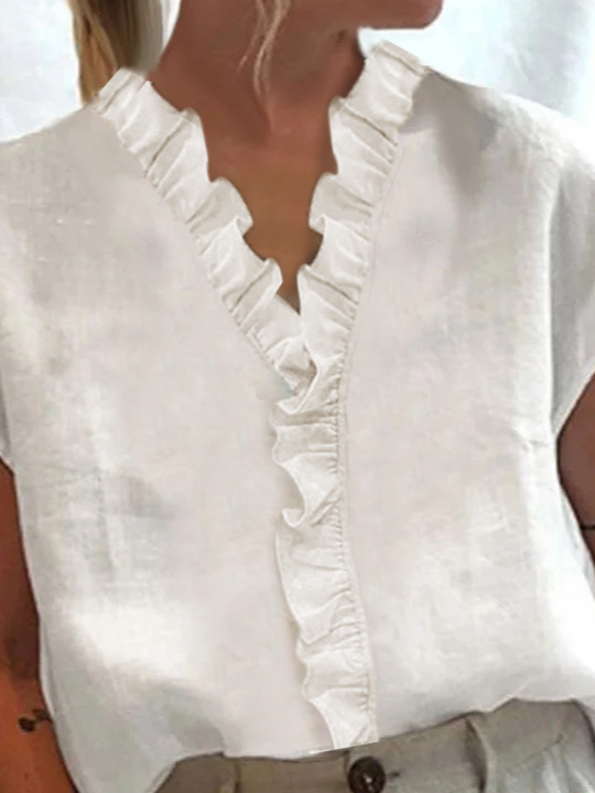 Women Elegant Ruffled Trim V Neck Cotton and Linen Summer Short Sleeve Blouse