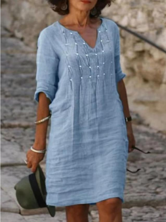 Women Plain Elegant Ruched Casual V Neck Short Sleeve Cotton Linen Dress
