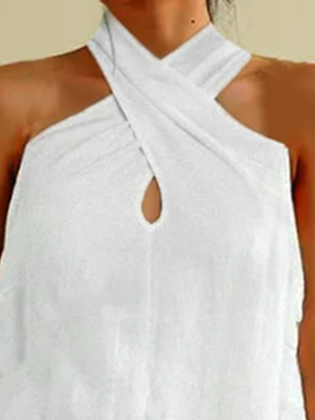 Women Casual Plain Cross Neck Halter Neck Loose Sleeveless Cotton Linen Tank Top