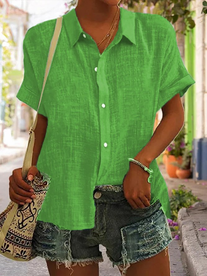 Women Casual Green Shirt Collar Button Down Short Sleeve Blouse