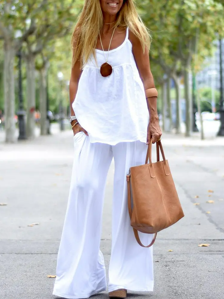 Basic Outfits Plain Suits Sleeveless Flowy Tank Top and Pockets Wid Leg Pants Cotton Two-Piece Sets