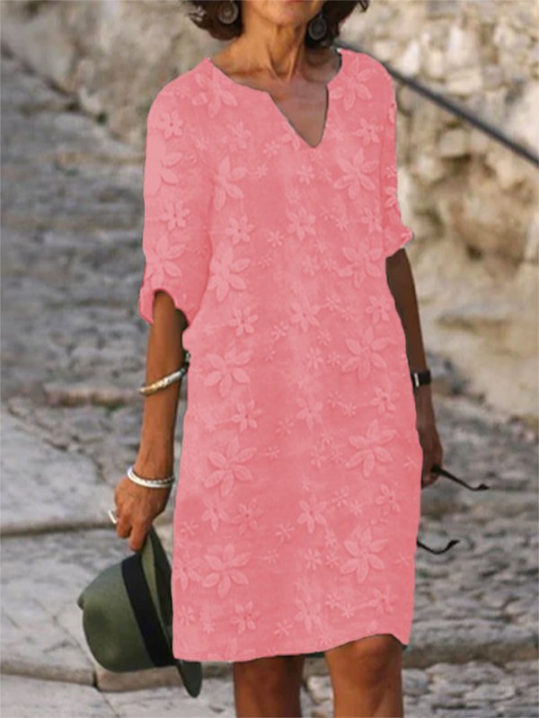 Women Plain Elegant Lace Floral Casual Vacation V Neck Half Sleeve Cotton Linen Dress
