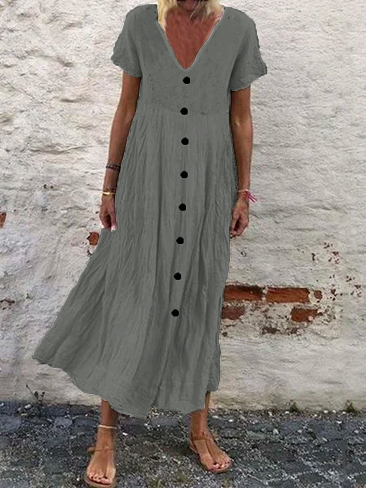 Women Casual Plain V Neck Button Short Sleeve Loose Summer Maxi Dress