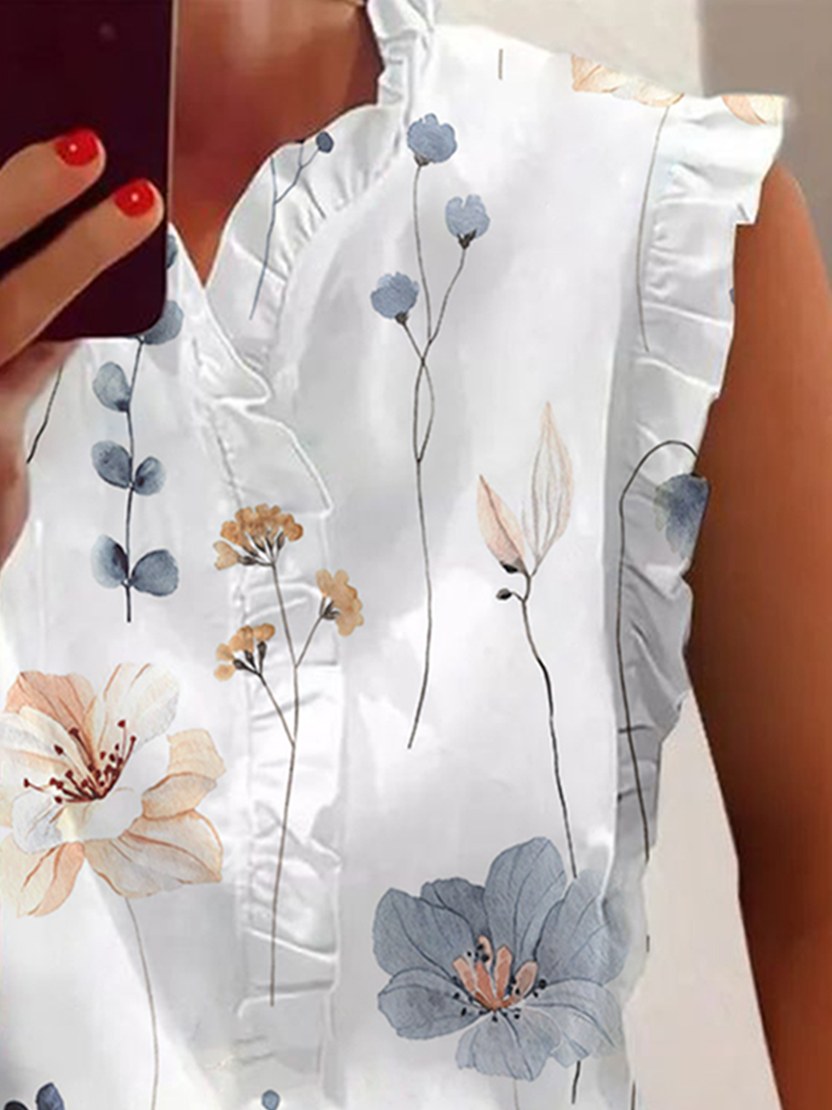 Women Summer Elegant Ruffled Trim Sleeveless Leaf and Floral Tank Top