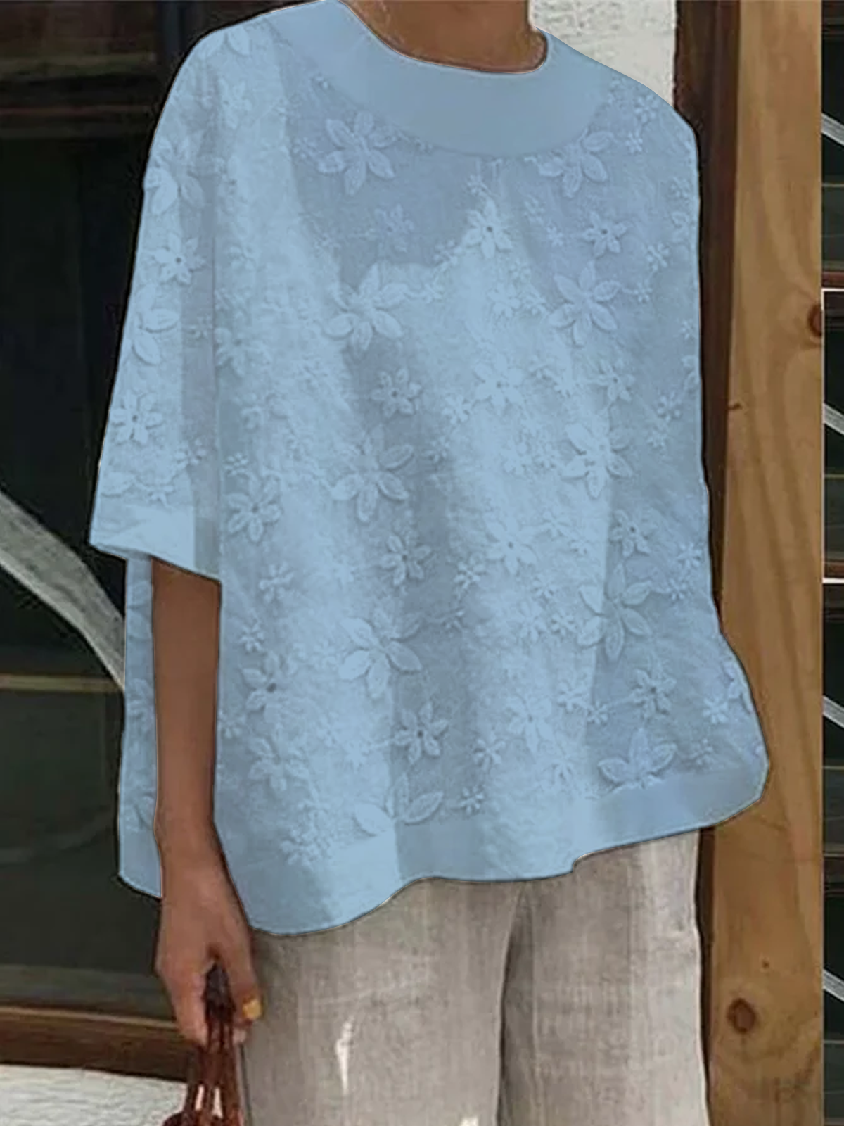 Women Elegant Plain Lace Floral Crew Neck Half Sleeve Cotton Linen Tunic Top