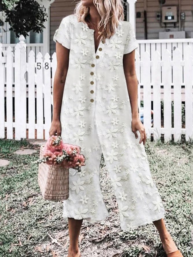 Women Summer Elegant Button Crew Neck Floral Lace Wide Leg Jumpsuits Rompers One Piece Outfits