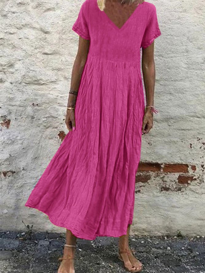 Cotton-Blend Casual Short Sleeve V Neck Women Maxi Dress