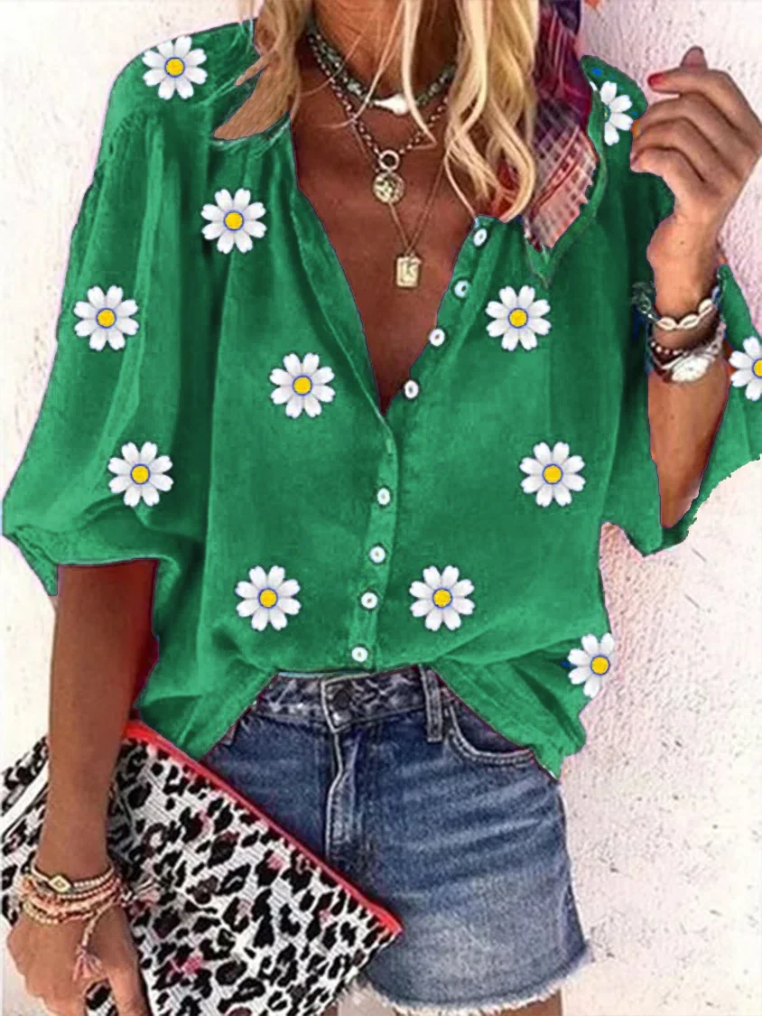 Women Casual Daisy Floral Loose V Neck Button Down Three Quarter Sleeve Blouse