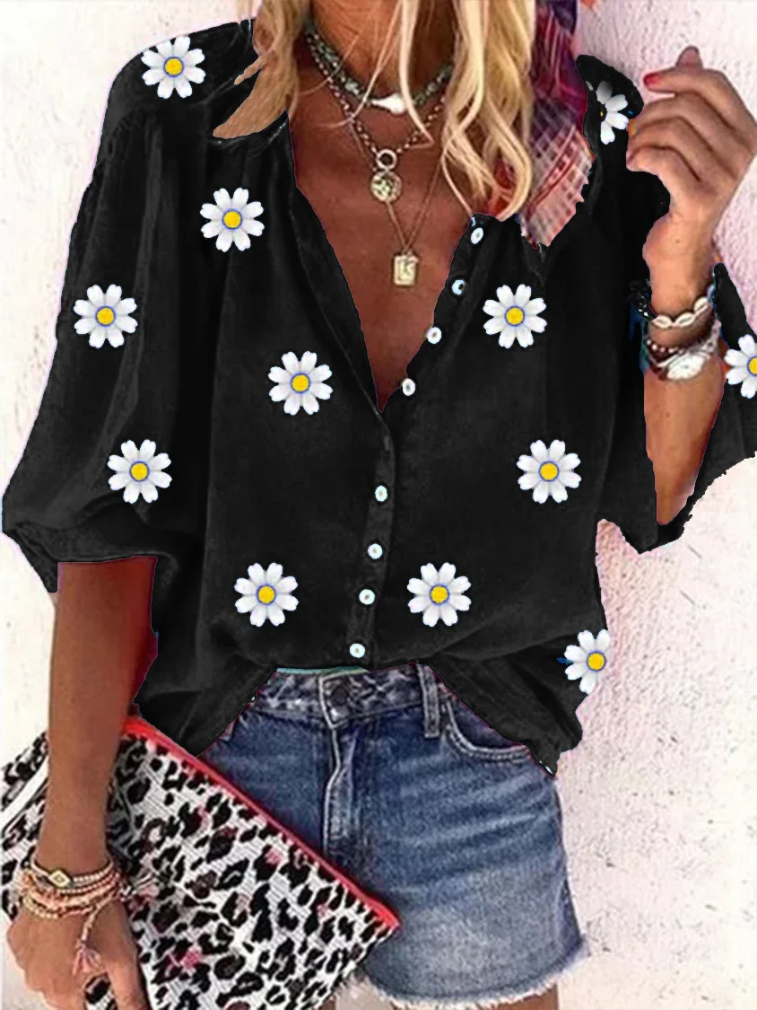 Women Casual Daisy Floral Loose V Neck Button Down Three Quarter Sleeve Blouse