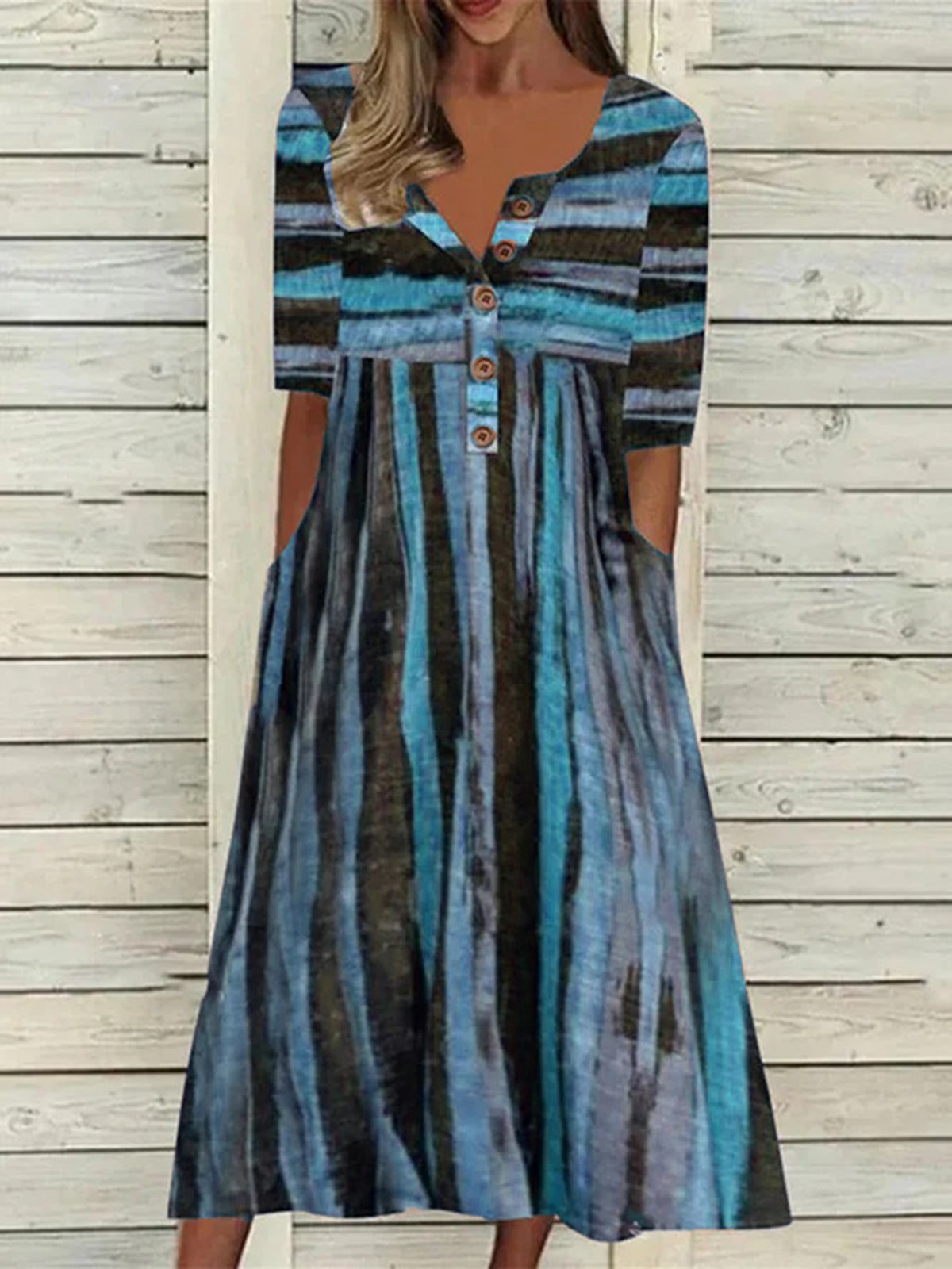 Striped Buttoned Casual Half Sleeve Crew Neck Loose Dress